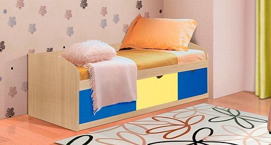 Кровать-8 "Фант" с тремя ящиками детская (МДФ) - В интерьере, цвет: Млечный Дуб/Желтый/Синяя Шагрень
