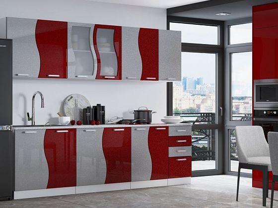 Кухня "Волна" 2600 мм (стекло) - Белый (корпус)/Красный металлик (фасад)/Сталь металлик (фасад)